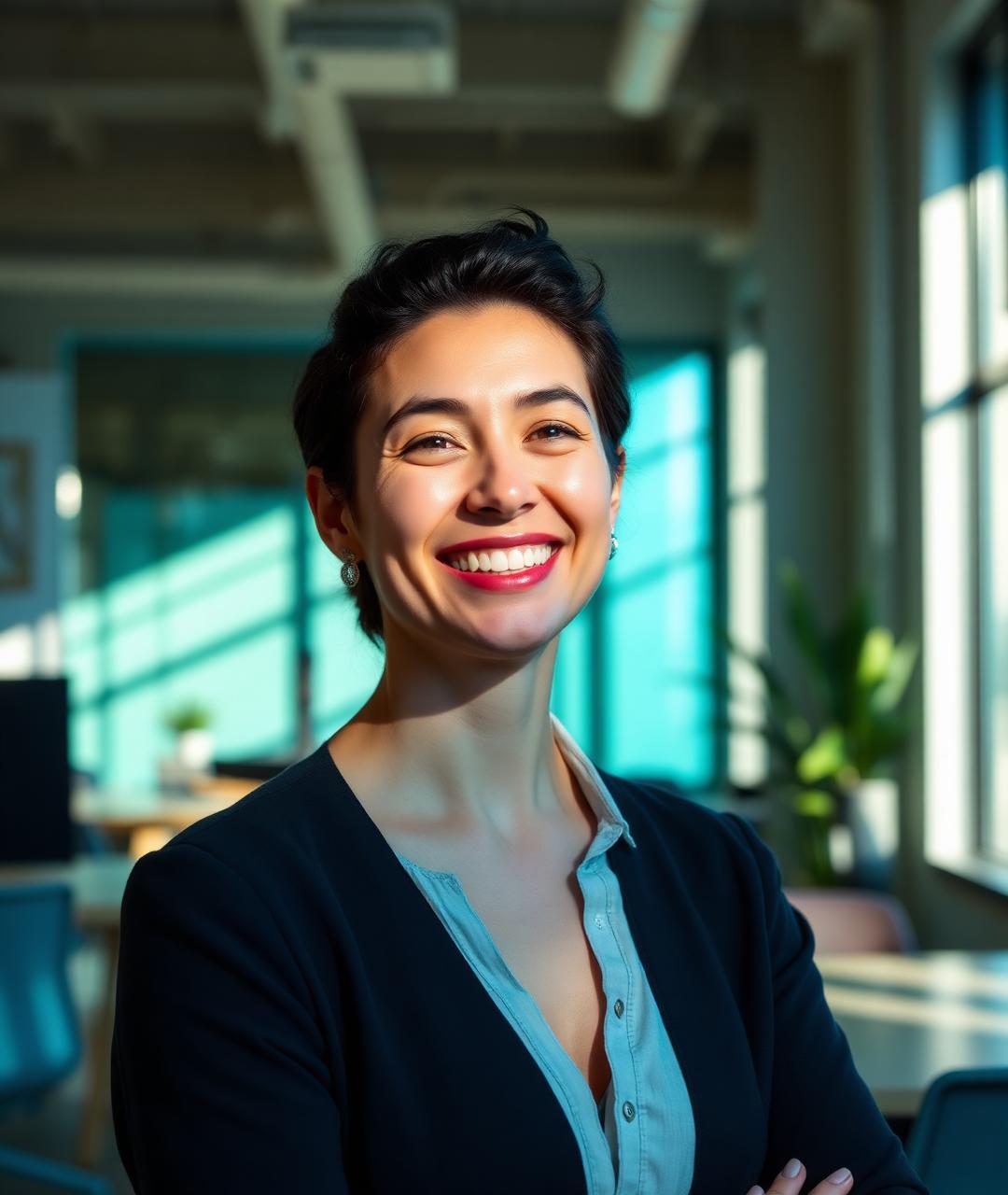 A friendly WorkmodeX support team member in a bright, modern office